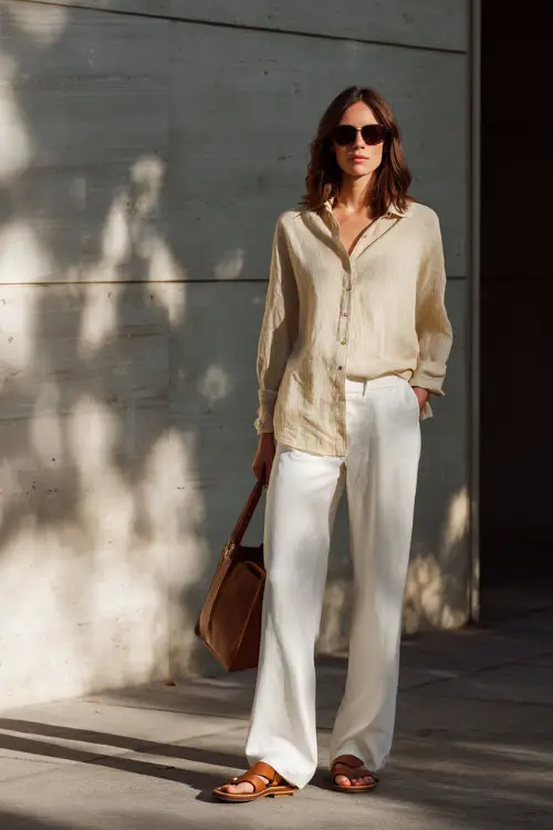 A woman wearing a soft linen blouse tucked into relaxed-fit white trousers, paired with leather sandals and a structured mini bag, standing on a calm sidewalk with spring shadows
