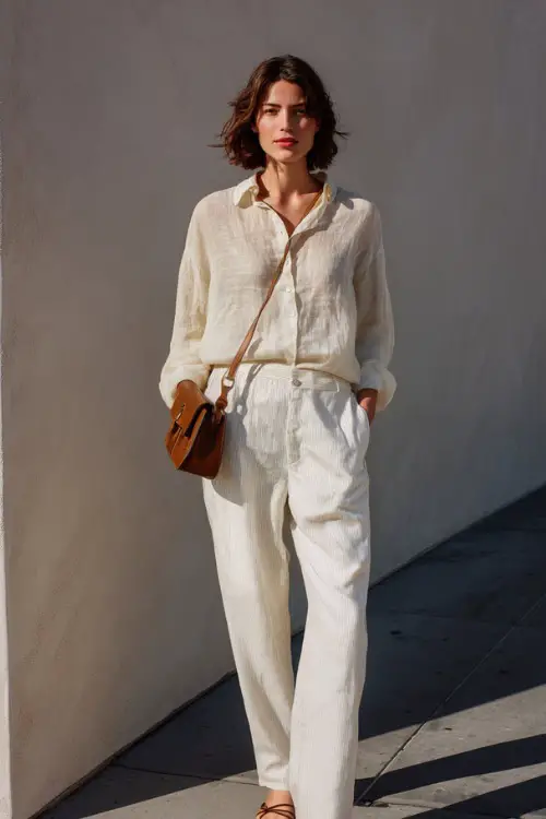 A woman wearing a soft linen blouse tucked into relaxed-fit white trousers, paired with leather sandals and a structured mini bag