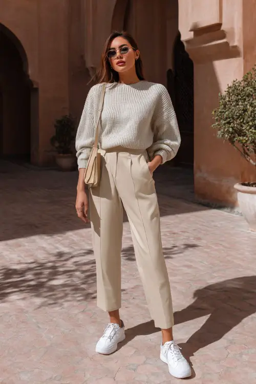 A woman wearing a soft pastel knit top with high-waisted beige trousers, styled with clean white sneakers and a minimalist crossbody bag