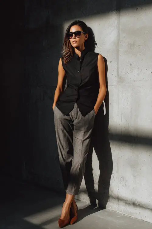 A woman wearing a structured sleeveless black vest worn as a top with low-rise tailored gray trousers, styled with pointed leather mules and slim rectangular sunglasses