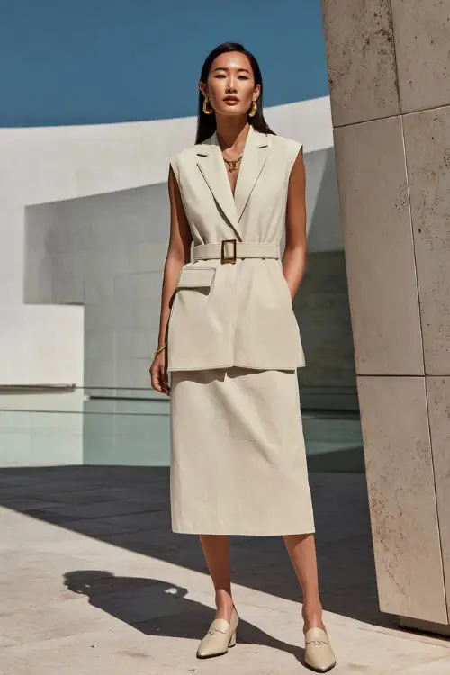 A woman wearing a structured sleeveless vest paired with a straight-cut beige midi skirt, styled with loafers and minimal jewelry 