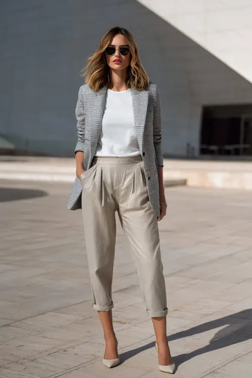 A woman wearing a tailored light gray blazer over a white tee and cropped neutral trousers, styled with pointed flats, standing in a modern city plaza with clean lines and soft sunlight
