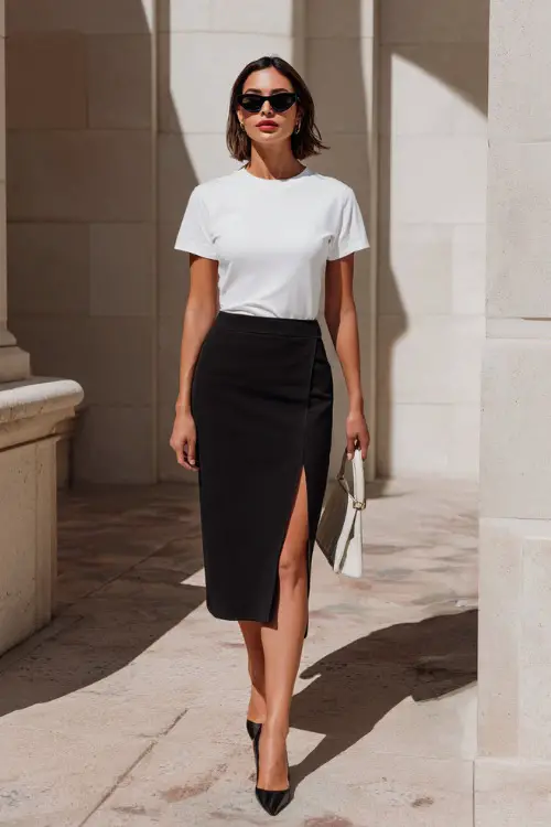A woman wearing a white fitted tee paired with a tailored midi skirt featuring a subtle slit, styled with sleek flats and a structured mini bag