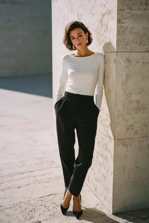 A woman wearing a white long-sleeve fitted top tucked into black straight-leg trousers, styled with pointed flats 