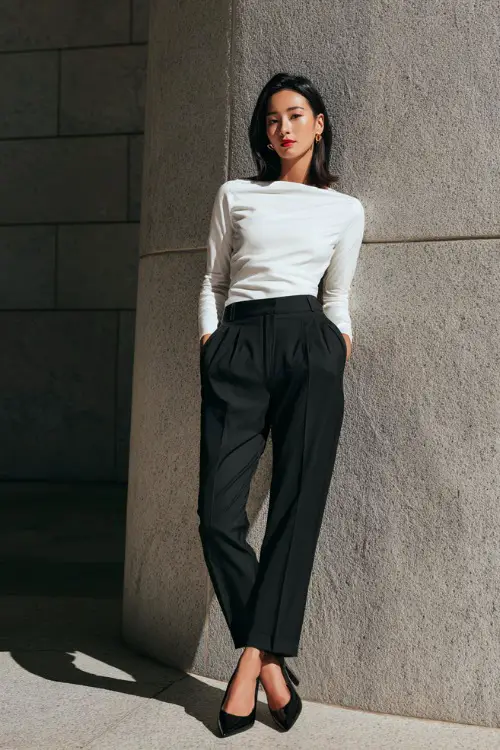 A woman wearing a white long-sleeve fitted top tucked into black straight-leg trousers, styled with pointed flats