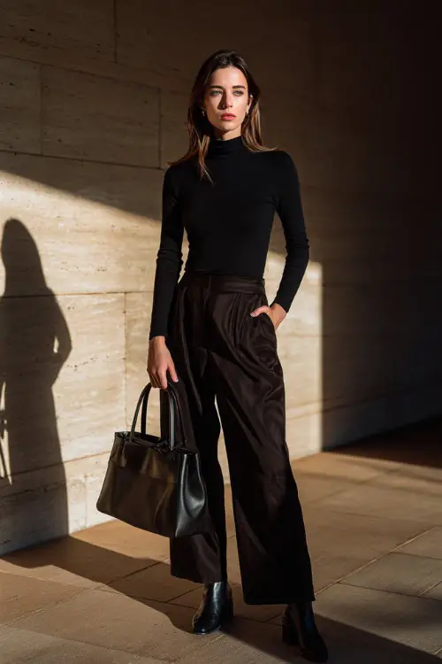 A woman wearing an all-black outfit with a fitted top and wide-leg trousers, styled with sleek leather boots and a structured handbag