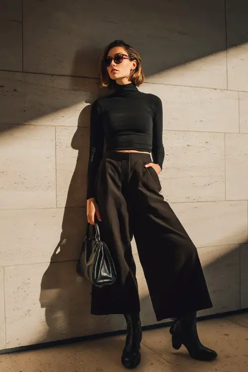A woman wearing an all-black outfit with a fitted top and wide-leg trousers, styled with sleek leather boots and a structured handbag