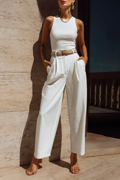 A woman wearing an all-white outfit with a fitted top and relaxed trousers, styled with a woven belt, leather sandals, and subtle jewelry