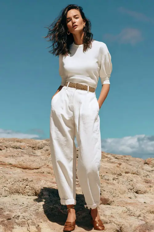 A woman wearing an all-white outfit with a fitted top and relaxed trousers, styled with a woven belt, leather sandals, and subtle jewelry