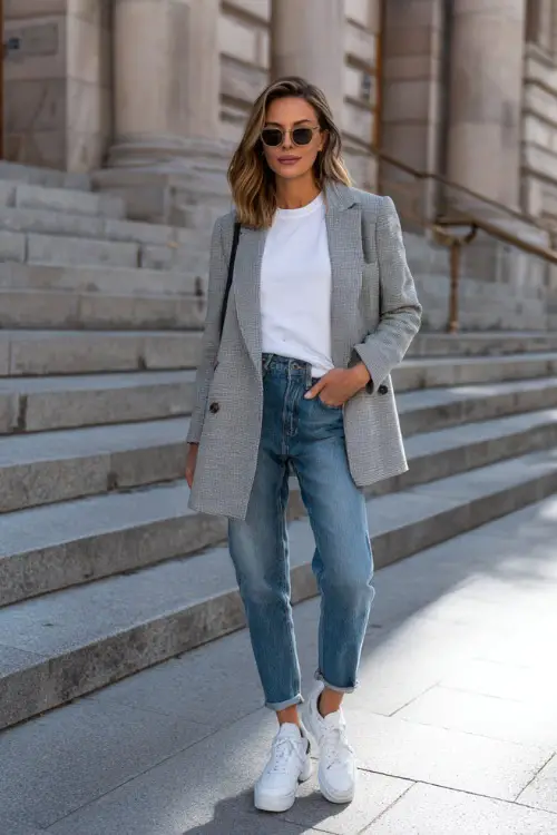A woman wearing an oversized gray blazer layered over a white tee and classic blue jeans, styled with clean white sneakers and a shoulder bag