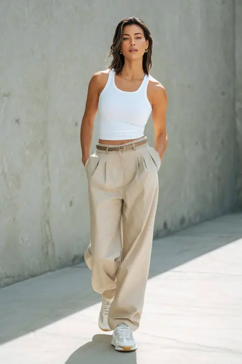 woman wearing a fitted white tank top tucked into high-waisted beige trousers, styled with clean sneakers and a slim belt