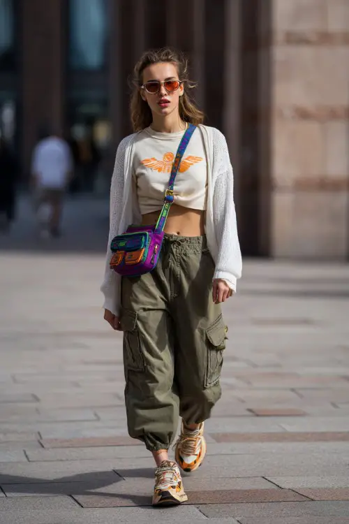 confident woman wearing a baby tee layered with a lightweight cardigan and baggy cargo pants with chunky sneakers, accessorized with a colorful shoulder bag and tinted sunglasses 