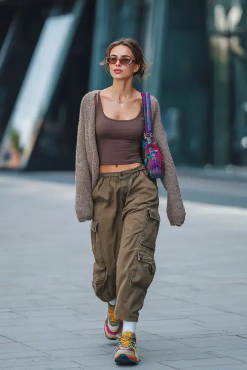 confident woman wearing a baby tee layered with a lightweight cardigan and baggy cargo pants with chunky sneakers, accessorized with a colorful shoulder bag and tinted sunglasses