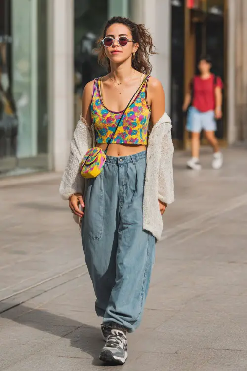 confident woman wearing a baby tee layered with a lightweight cardigan and oversized baggy jeans with chunky sneakers, accessorized with a colorful shoulder bag and tinted sunglasses 