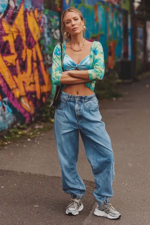 confident woman wearing a cropped cardigan over a satin cami top with low-rise baggy jeans and chunky sneakers, accessorized with hoop earrings and a mini shoulder bag 