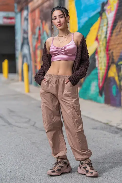 confident woman wearing a cropped cardigan over a satin cami top with low-rise baggy pants and chunky sneakers, accessorized with hoop earrings and a mini shoulder bag
