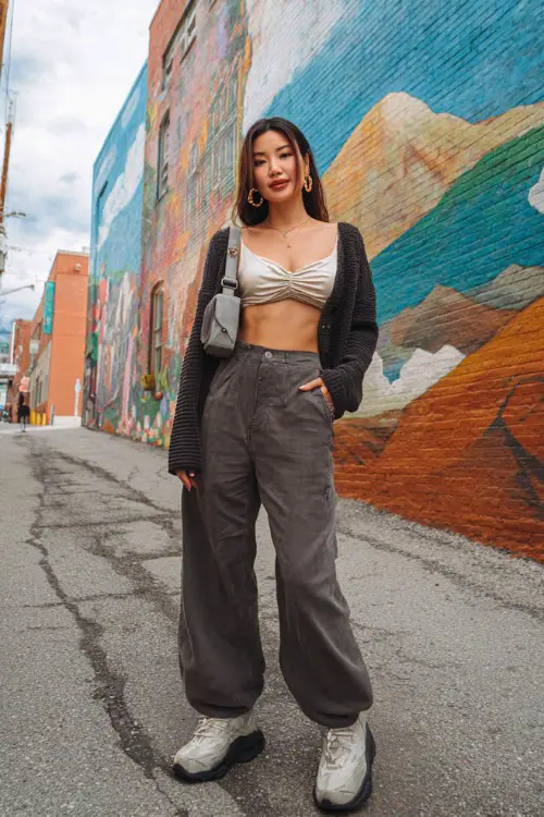 confident woman wearing a cropped cardigan over a satin cami top with low-rise baggy pants and chunky sneakers, accessorized with hoop earrings and a mini shoulder bag 