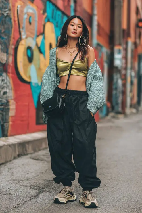 confident woman wearing a cropped cardigan over a satin cami top with low-rise baggy pants and chunky sneakers, accessorized with hoop earrings and a mini shoulder bag