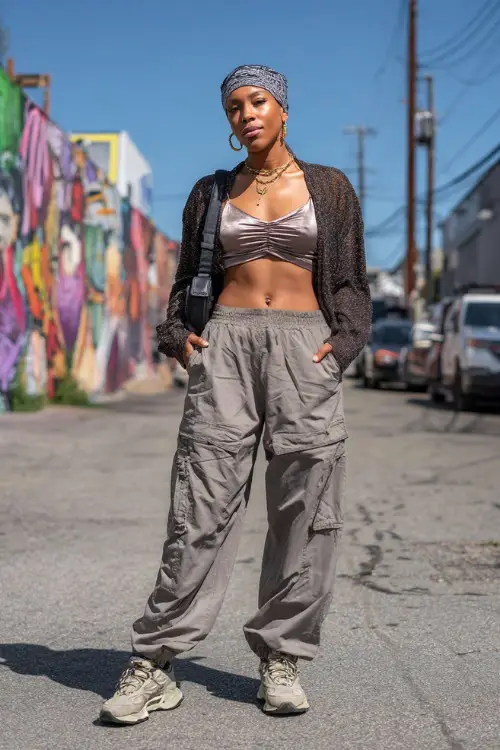 confident woman wearing a cropped cardigan over a satin cami top with low-rise cargo pants and chunky sneakers, accessorized with a bandana tied as a headband and a mini shoulder bag