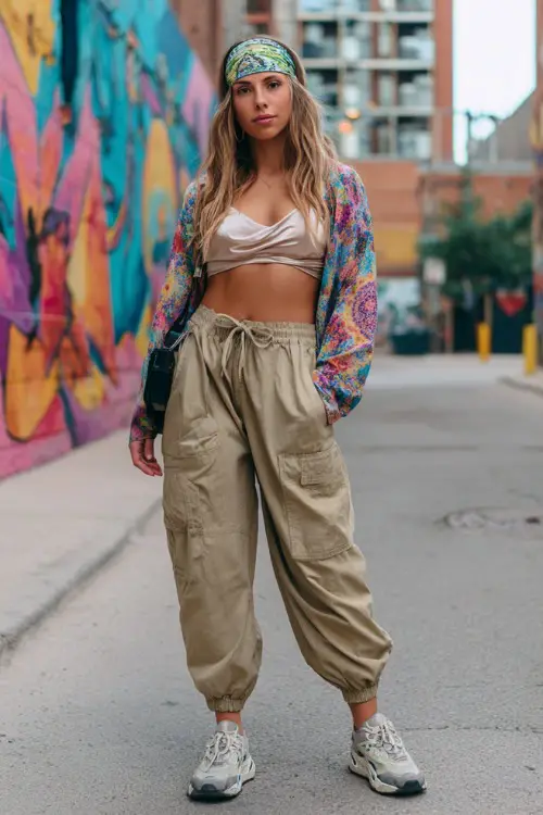 confident woman wearing a cropped cardigan over a satin cami top with low-rise cargo pants and chunky sneakers, accessorized with a bandana tied as a headband and a mini shoulder bag