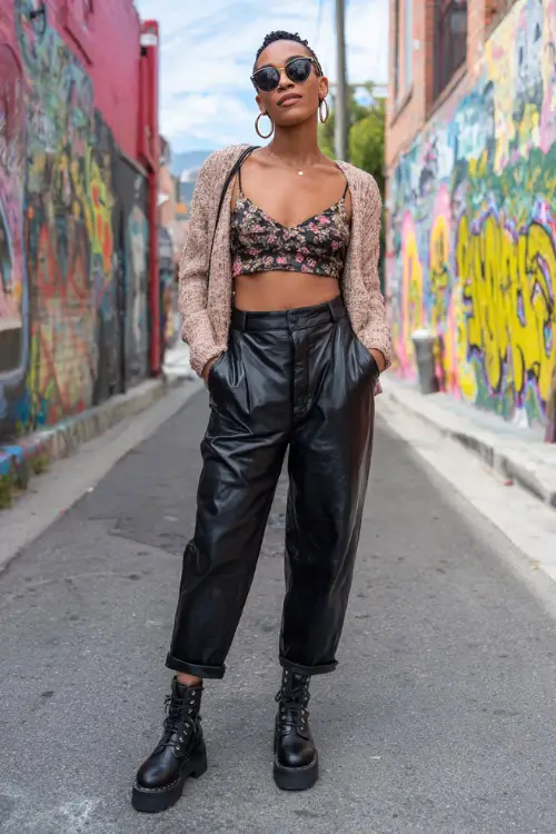 confident woman wearing a cropped cardigan over a satin cami top with low-rise leather pants and platform boots, accessorized with hoop earrings and a baguette bag, bold Y2K outfit with boots 