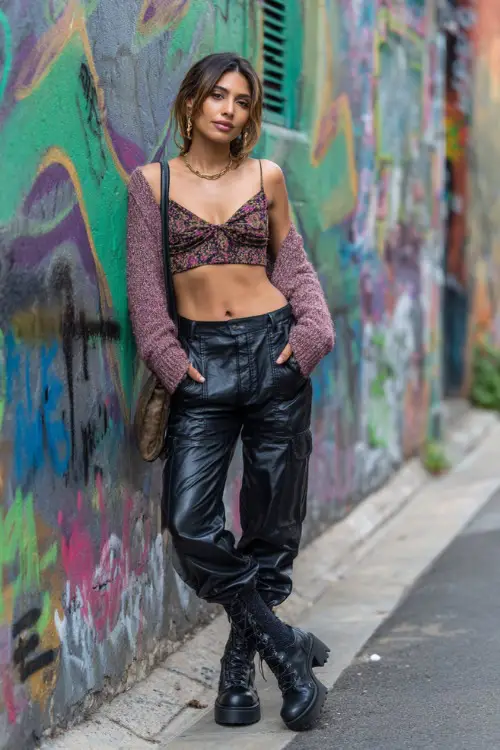 confident woman wearing a cropped cardigan over a satin cami top with low-rise leather pants and platform boots, accessorized with hoop earrings and a baguette bag, bold Y2K outfit with boots
