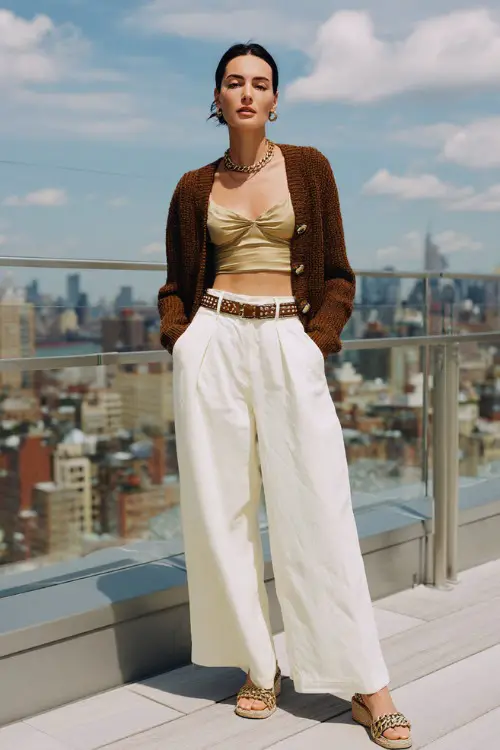 confident woman wearing a cropped cardigan over a satin cami top with low-rise wide-leg pants and a chain belt, paired with platform sandals and layered necklaces