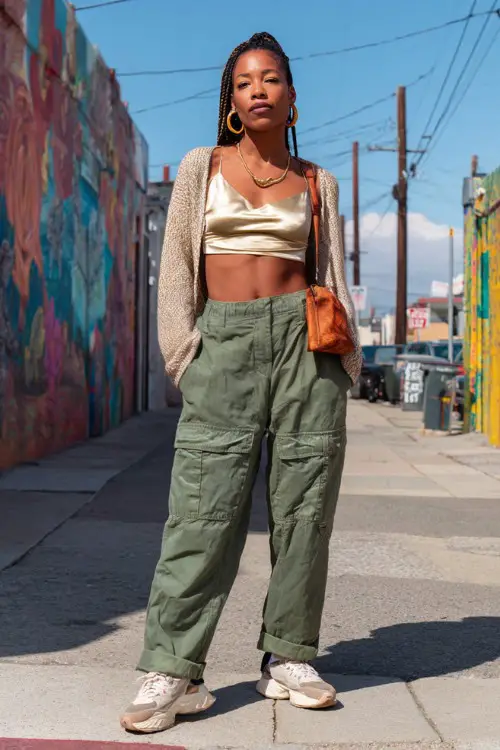 confident woman wearing a cropped cardigan over a satin cami top with oversized cargo pants and chunky sneakers, accessorized with hoop earrings and a mini shoulder bag