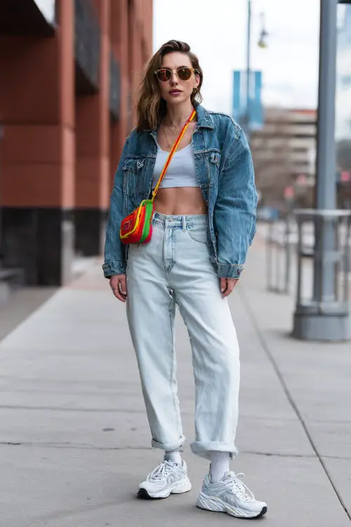 confident woman wearing a cropped denim jacket over a fitted baby tee with low-rise straight-leg jeans and chunky sneakers, accessorized with a colorful shoulder bag and tinted sunglasses 