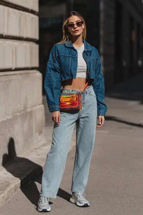 confident woman wearing a cropped denim jacket over a fitted baby tee with low-rise straight-leg jeans and chunky sneakers, accessorized with a colorful shoulder bag and tinted sunglasses