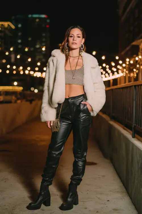 confident woman wearing a cropped faux fur jacket over a glittery crop top with low-rise leather pants and platform boots
