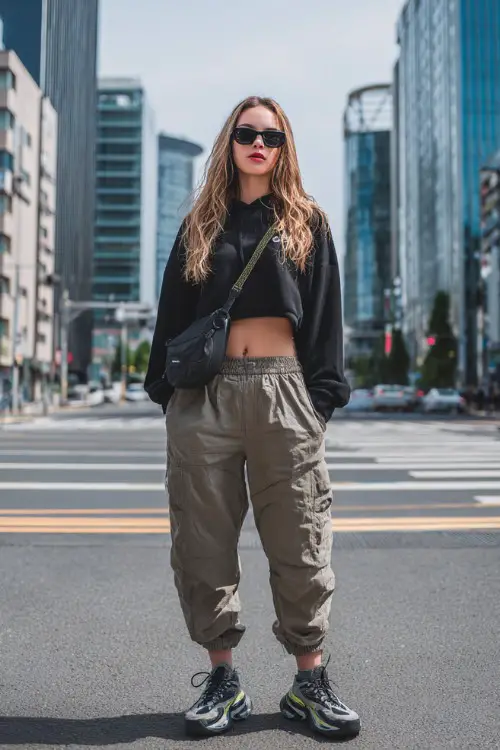 confident woman wearing a cropped hoodie with low-rise parachute pants and chunky sneakers, accessorized with a small shoulder bag and sporty sunglasses, Y2K streetwear outfit