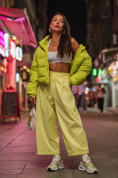 confident woman wearing a cropped puffer jacket over a tank top with low-rise wide-leg pants and chunky sneakers, accessorized with hoop earrings and a mini handbag
