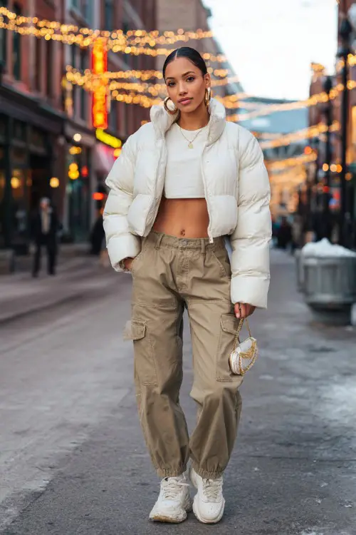 confident woman wearing a cropped puffer jacket with a baby tee and low-rise cargo pants with platform sneakers, accessorized with hoop earrings and a mini handbag
