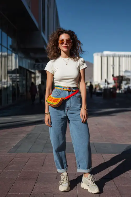 confident woman wearing a fitted baby tee tucked into low-rise straight-leg jeans with a bold belt, paired with chunky platform sneakers and a colorful shoulder bag