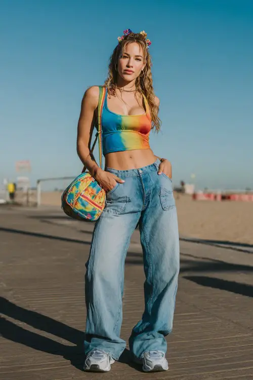 confident woman wearing a fitted tank top with low-rise flare jeans and platform sneakers, accessorized with a colorful shoulder bag and hair clips