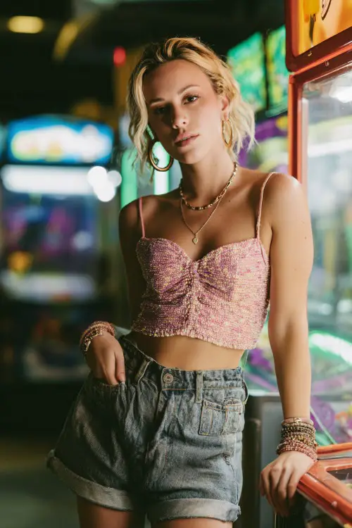 confident woman wearing a glittery crop top with low-rise denim shorts and knee-high boots, accessorized with hoop earrings and layered bracelets, Y2K aesthetic fashion style 