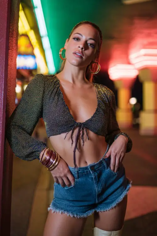 confident woman wearing a glittery crop top with low-rise denim shorts and knee-high boots, accessorized with hoop earrings and layered bracelets, Y2K aesthetic fashion style