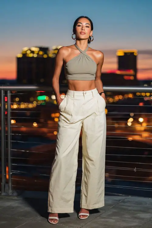 confident woman wearing a halter crop top with low-rise wide-leg pants and strappy heels, accessorized with hoop earrings and a mini handbag, chic Y2K evening outfit with pants 