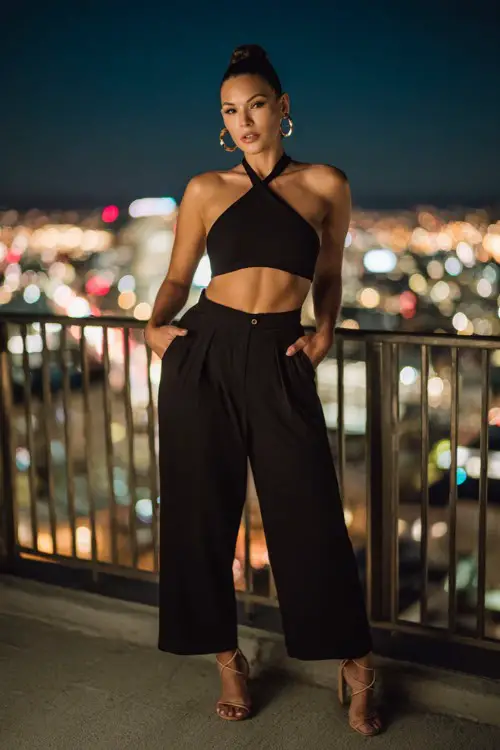 confident woman wearing a halter crop top with low-rise wide-leg pants and strappy heels, accessorized with hoop earrings and a mini handbag, chic Y2K evening outfit with pants