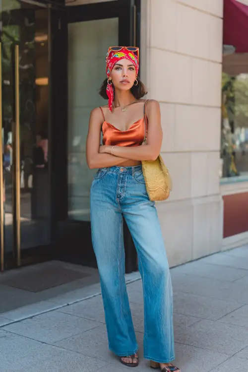 confident woman wearing a satin cami top with low-rise flare jeans and platform sandals, accessorized with a vibrant bandana tied as a headscarf and a baguette bag 