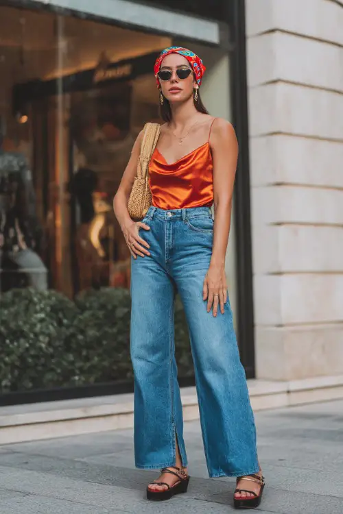 confident woman wearing a satin cami top with low-rise flare jeans and platform sandals, accessorized with a vibrant bandana tied as a headscarf and a baguette bag