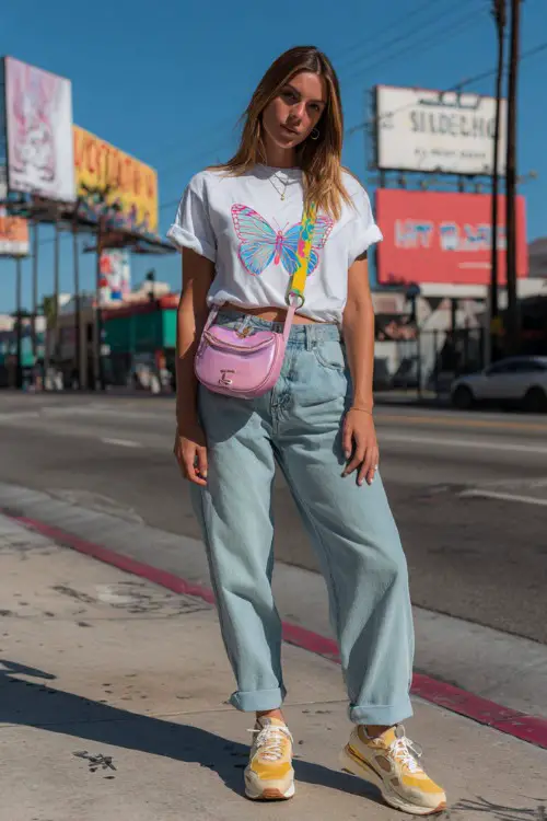 fashionable woman wearing a baby tee with a butterfly graphic and low-rise baggy jeans, chunky sneakers and a colorful shoulder bag, Y2K aesthetic outfit 