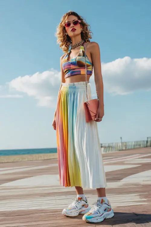 fashionable woman wearing a colorful halter top with a pleated tennis skirt and platform sneakers, accessorized with tinted sunglasses and a mini handbag
