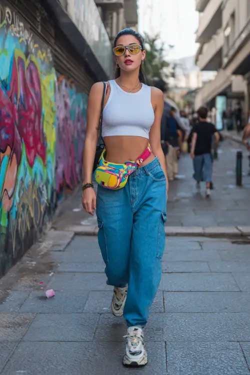 fashionable woman wearing a cropped baby tee with low-rise baggy jeans and chunky sneakers, accessorized with a colorful shoulder bag and tinted sunglasses, Y2K street style outfit 