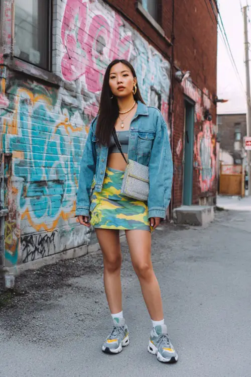 fashionable woman wearing a cropped denim jacket over a baby tee with a low-rise cargo mini skirt and chunky sneakers, accessorized with hoop earrings and a mini bag