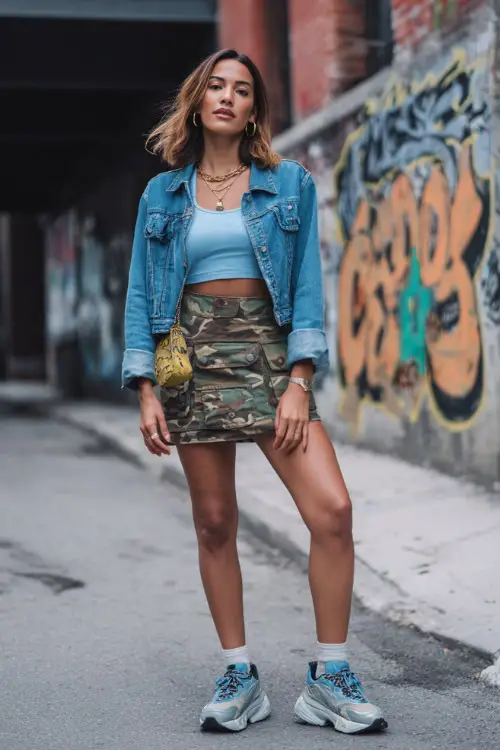 fashionable woman wearing a cropped denim jacket over a baby tee with a low-rise cargo mini skirt and chunky sneakers, accessorized with hoop earrings and a mini bag