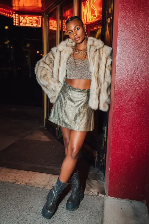 fashionable woman wearing a cropped faux fur jacket over a glittery crop top with a metallic mini skirt and platform boots, accessorized with hoop earrings and layered necklaces