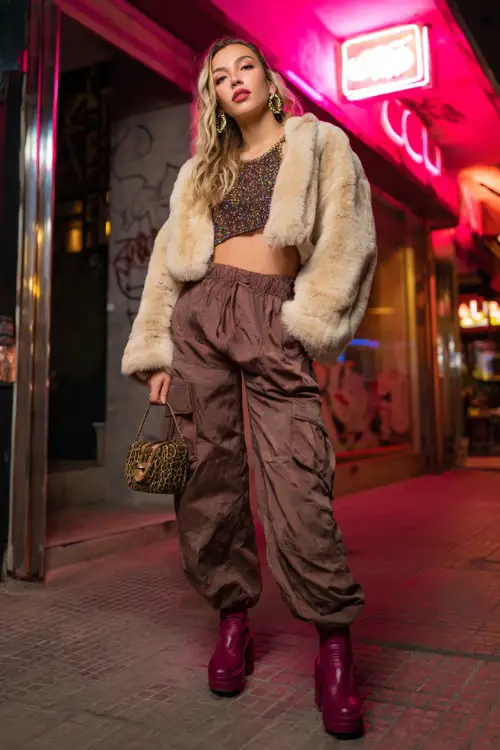 fashionable woman wearing a cropped faux fur jacket over a glittery crop top with oversized cargo pants and platform boots, accessorized with statement earrings and a mini bag