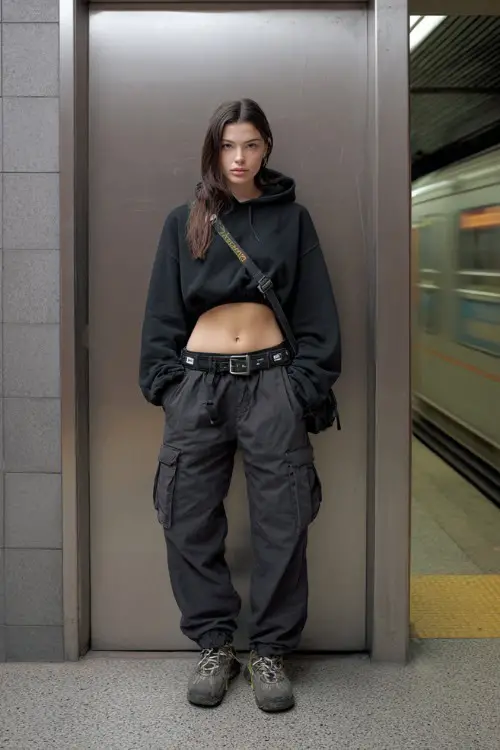 fashionable woman wearing a cropped hoodie with low-rise cargo pants and a sporty belt, paired with chunky sneakers and a mini shoulder bag
